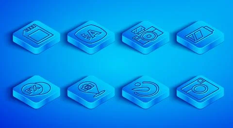 Set line SD card, Auto flash, Photo camera with, Camera timer, Battery for, fx Stock Illustration