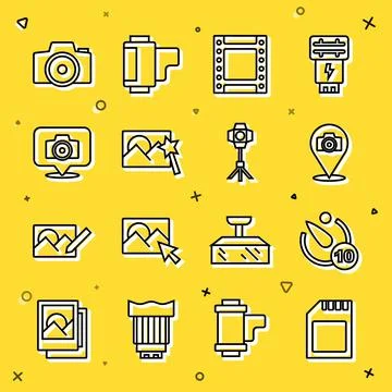 Set line SD card, Camera timer, Photo camera, roll cartridge, retouching, and Stockillustratie