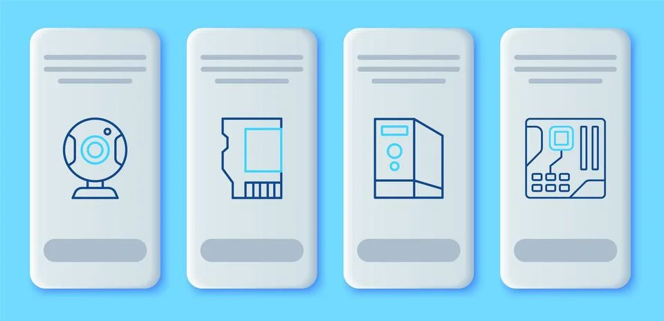 Set line SD card, Case of computer, Web camera and Motherboard digital chip icon Stock Illustration