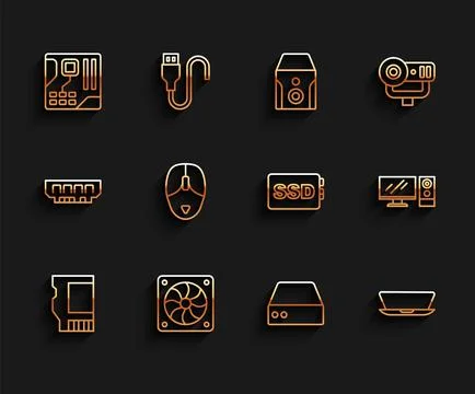 Set line SD card, Computer cooler, Motherboard digital chip, Server, Data, We Stock Illustration