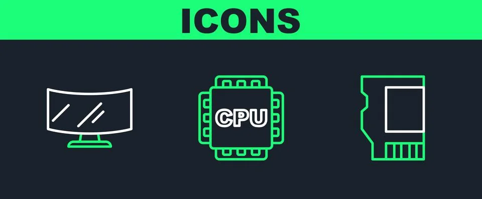 Set line SD card, Computer monitor screen and Processor with CPU icon. Vector イラスト素材