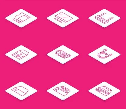 Set line SD card, Computer monitor screen, Router and wi-fi signal Illustrazione stock