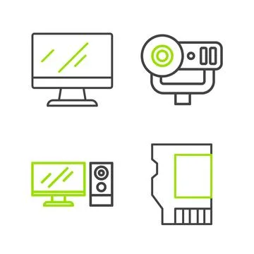 Set line SD card, Computer monitor, Web camera and screen icon. Vector Stock Illustration