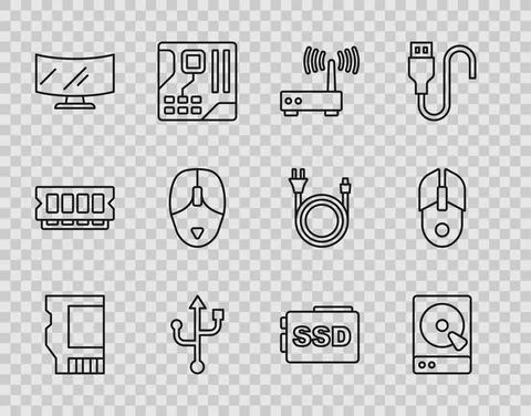 Set line SD card, Hard disk drive HDD, Router and wi-fi signal, USB, Computer Illustrazione stock