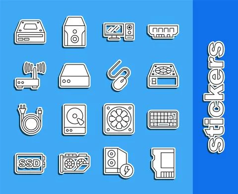 Set line SD card, Keyboard, Computer cooler, monitor, Server, Data, Web Hosting イラスト素材