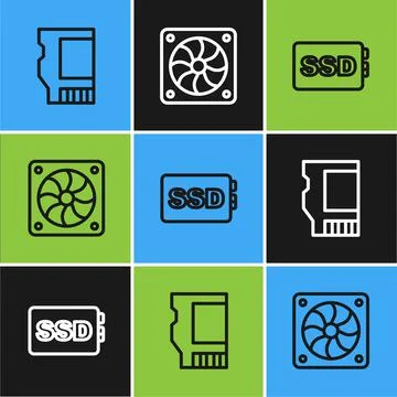 Set line SD card, SSD and Computer cooler icon. Vector イラスト素材