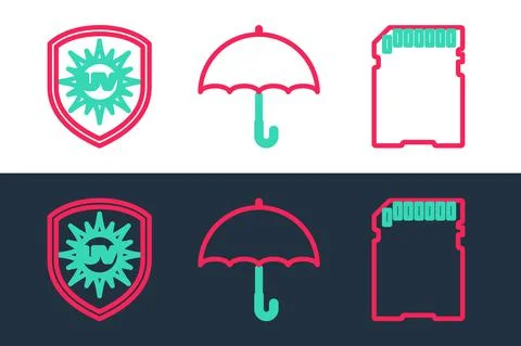 Set line SD card, UV protection and Air conditioner icon. Vector Illustrazione stock