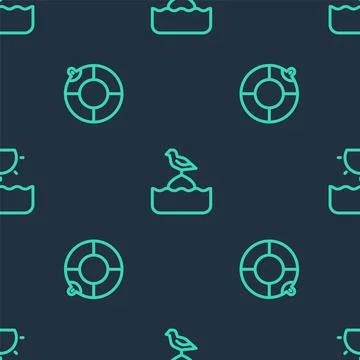 Set line Seagull sits on a buoy, Lifebuoy and Sun on seamless pattern. Vector Stock Illustration