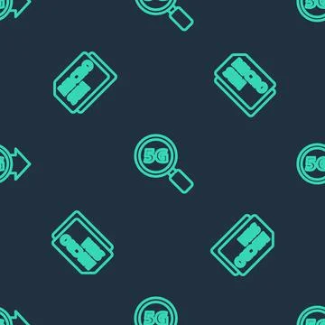Set line Search 5G network, Micro Sim Card and on seamless pattern. Vector Stock Illustration