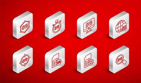 Set line Search 5G network, Digital speed meter, Monitor with, Globe Sim Card Stock Illustration