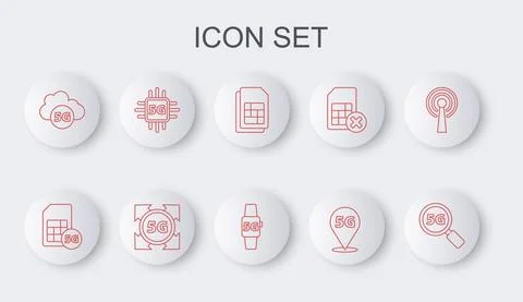 Set line Search 5G network, Sim Card, card, Location, Cloud, Processor, and Illustrazione stock