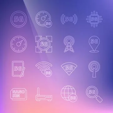Set line Search 5G network, Antenna, Location, Digital speed meter, and icon Stock Illustration