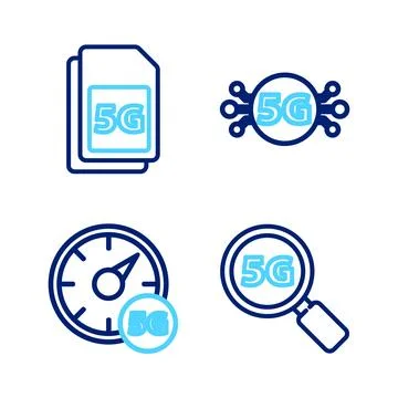 Set line Search 5G network, Digital speed meter, and Sim Card icon. Vector Stock Illustration
