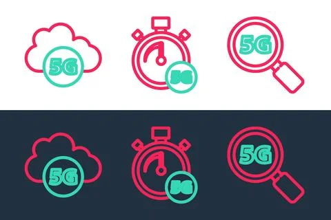 Set line Search 5G network, Cloud and Digital speed meter icon. Vector Stockillustratie