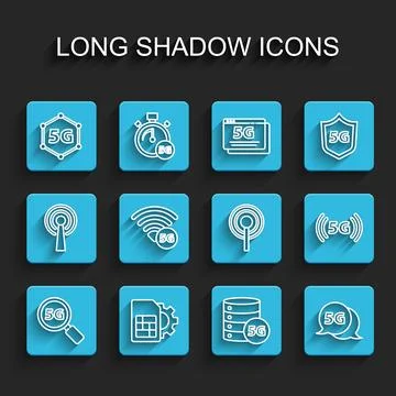 Set line Search 5G network, Sim card setting, Server,  and Antenna icon. Vect Stock Illustration