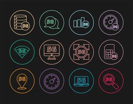 Set line Search 5G network, Sim Card, Monitor with, Server,  and  icon. Vecto Illustrazione stock