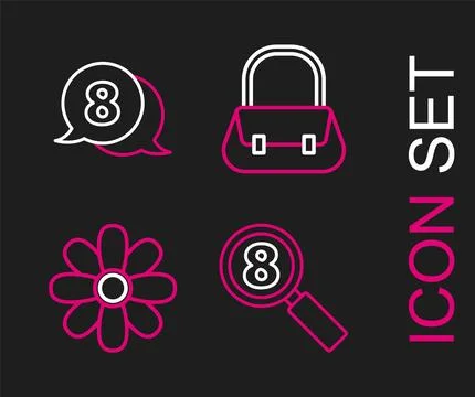 Set line Search 8 March, Flower, Handbag and in speech bubble icon. Vector Illustration