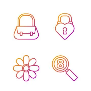 Set line Search 8 March, Flower, Handbag and Castle in the shape of a heart Illustration