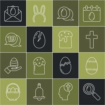 Set line Search and easter egg, Easter, Christian cross, Speech bubble with Stock Illustration