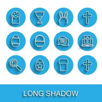 Set line Search and easter egg, Easter, cake, Christian cross, Basket, Cross on Stock Illustration