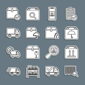 Set line Search barcode, Cardboard box with traffic, Delivery package umbre.. Stock Illustration