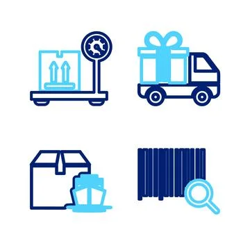 Set line Search barcode, Cargo ship with boxes, Delivery truck gift and Sca.. Stockillustratie