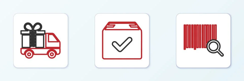 Set line Search barcode, Delivery truck with gift and Package box check mark Illustrazione stock