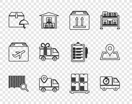 Set line Search barcode, Delivery truck and stopwatch, Cardboard box with t.. Illustrazione stock