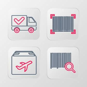 Set line Search barcode, Plane and cardboard box, Barcode and Delivery truck 스톡 일러스트