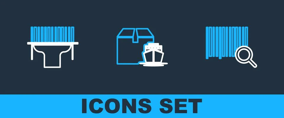 Set line Search barcode, Scanner scanning and Cargo ship with boxes icon. Vec イラスト素材