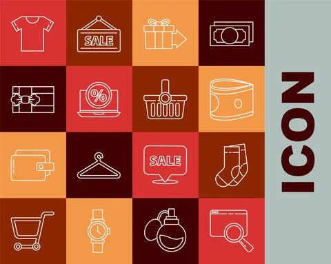 Set line Search in a browser window, Socks, Stacks paper money cash, Gift box 스톡 일러스트