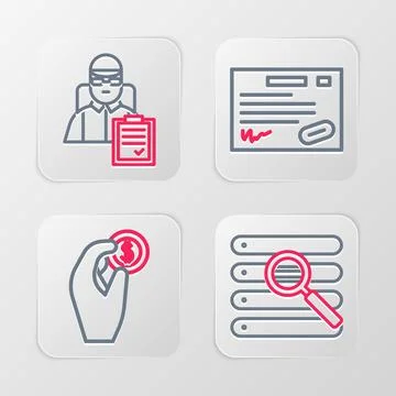 Set line Search in a browser window, Hand holding coin money, Warranty cert.. Stock Illustration