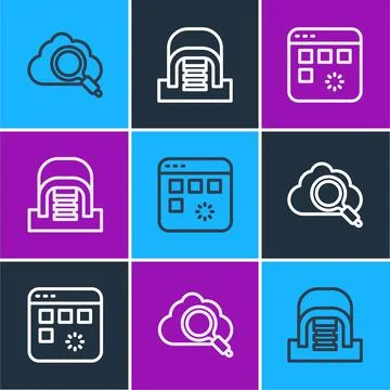 Set line Search cloud computing, Loading data window and Hangar with servers Stockillustratie