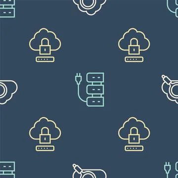 Set line Search cloud computing, Cloud lock and Server on seamless pattern Stockillustratie