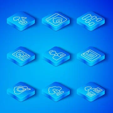 Set line Search cloud computing, Analyst engineer, Cloud lock, Server, Data Stock Illustration