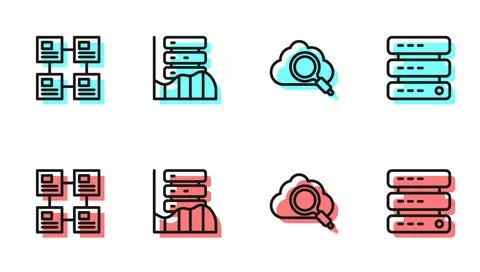 Set line Search cloud computing, Hierarchy organogram chart, Server, Data, Web Illustrazione stock