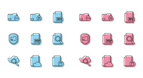 Set line Search cloud computing, Cloud storage text document, Document folder Illustrazione stock