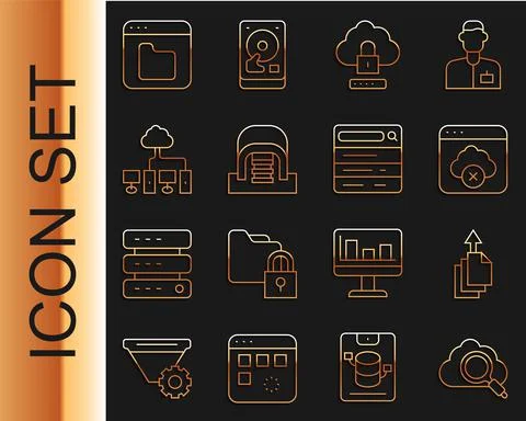 Set line Search cloud computing, Data export, Failed access storage, Cloud lock Stock Illustration