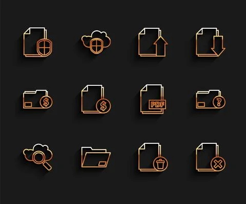 Set line Search cloud computing, Document folder, protection concept, Delete Illustrazione stock