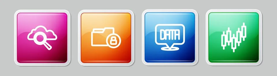 Set line Search cloud computing, Folder and lock, Data analysis and Browser with Stock Illustration
