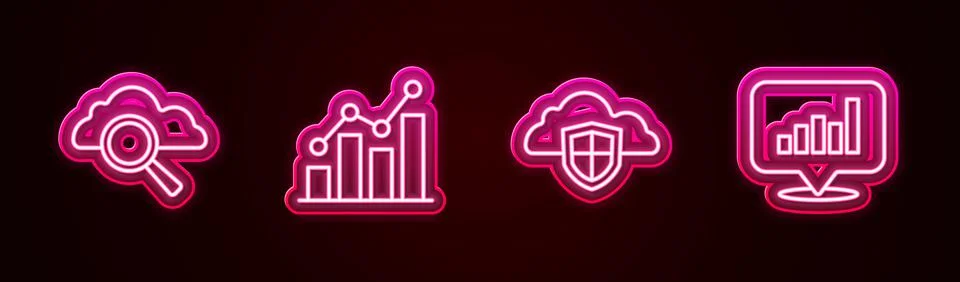 Set line Search cloud computing, Pie chart infographic, Cloud and shield and Stock Illustration