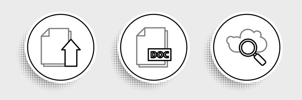Set line Search cloud computing, Upload file document and DOC icon. Vector Stockillustratie