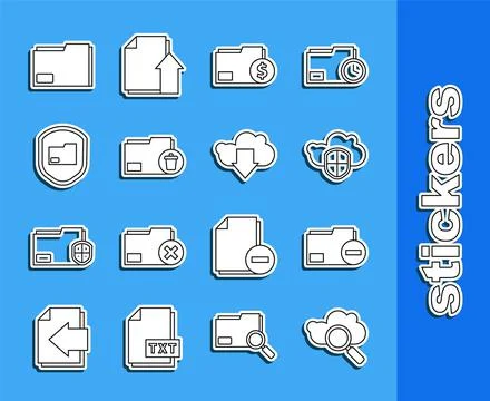 Set line Search cloud computing, Document folder with minus, Cloud and shield Illustrazione stock