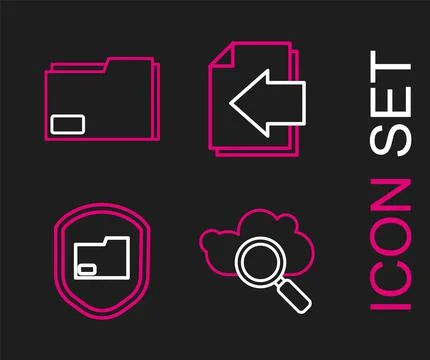 Set line Search cloud computing, Document folder protection, Next page arrow  Illustrazione stock