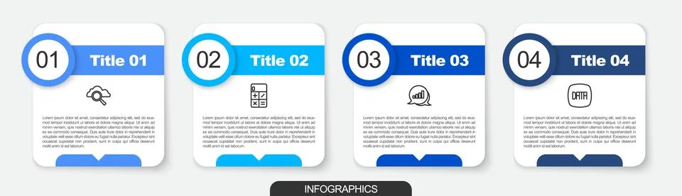 Set line Search cloud computing, Calculator, Pie chart infographic and Data Illustrazione stock