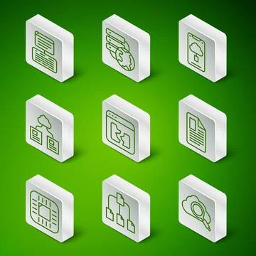 Set line Search cloud computing, Folder tree, Server, Data, Web Hosting, Broken Stock Illustration