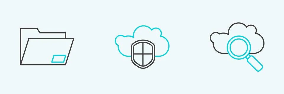 Set line Search cloud computing, Document folder and Cloud and shield icon Stock Illustration