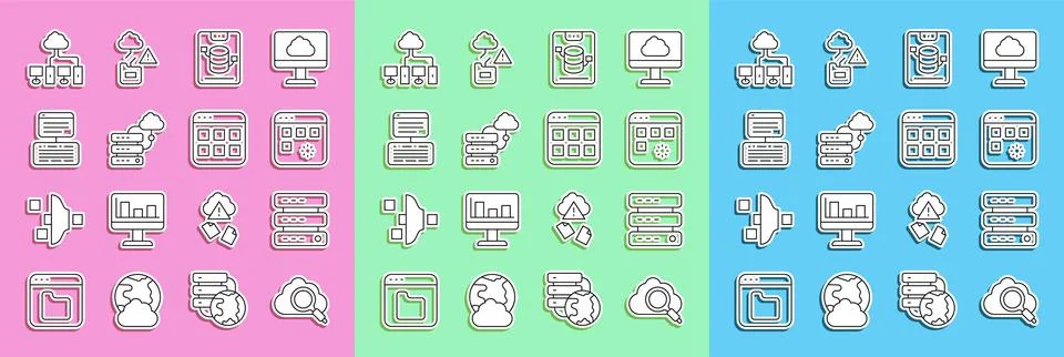 Set line Search cloud computing, Server, Data, Web Hosting, Loading data window Illustrazione stock