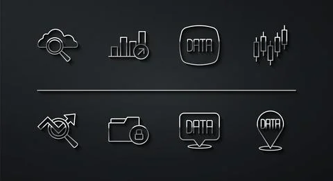 Set line Search cloud computing, data analysis, Browser with stocks market, Data 스톡 일러스트