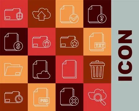 Set line Search cloud computing, Trash can, TXT file document, Document and Illustrazione stock